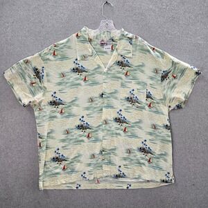 VINTAGE Bubba Gump Men Button Up Shirt 2XL Green Palm Trees Island Allover Print